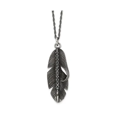 Chisel Antiqued and Black Cz Feather Pendant Singapore Chain Necklace