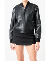 Women's Short Pu Leather Bomber Jacket