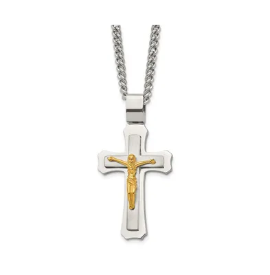 Chisel Brushed Yellow Ip-plated Crucifix Pendant Curb Chain Necklace