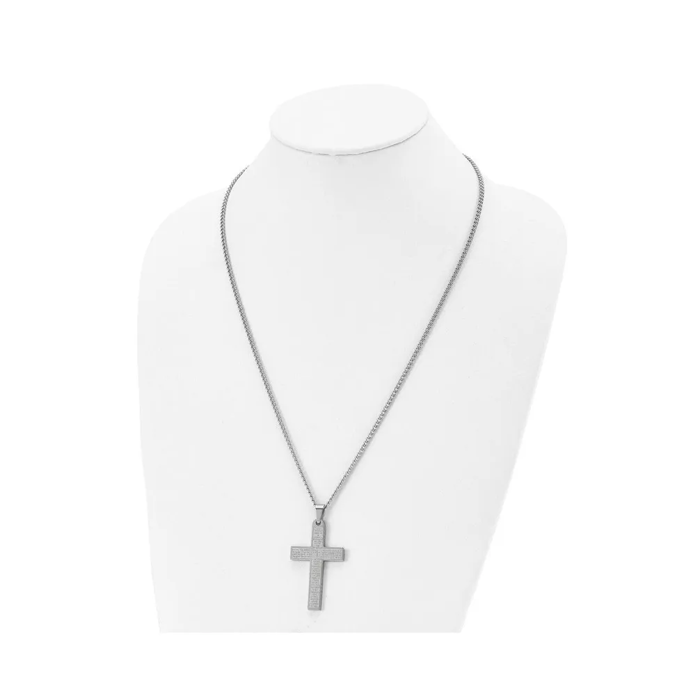 Chisel Polished Lord's Prayer Cross Pendant on a Curb Chain Necklace