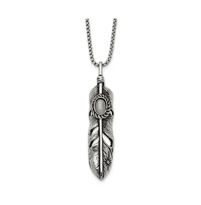 Chisel Antiqued and White Cat's Eye Feather Pendant Box Chain Necklace