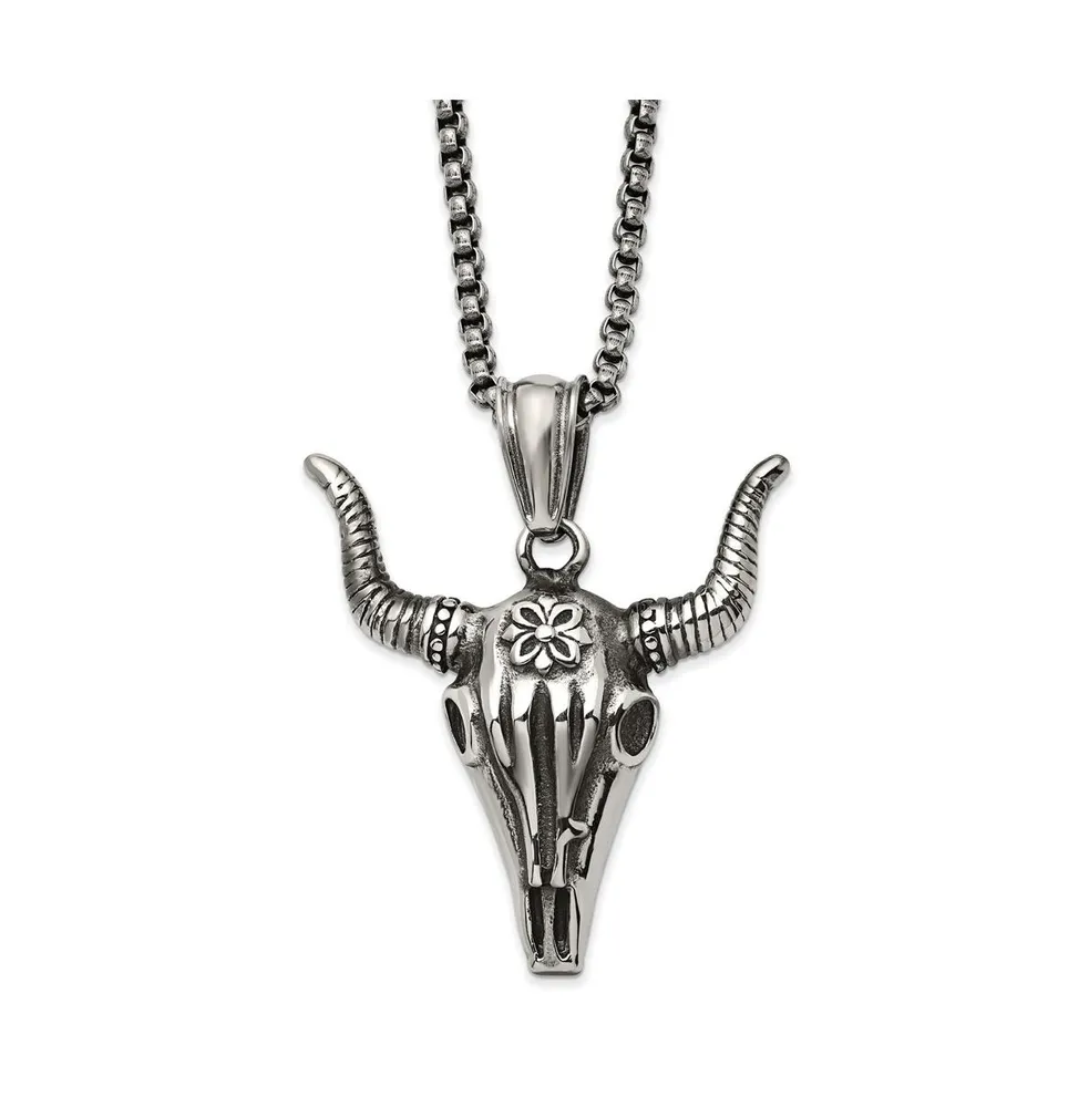 Chisel Antiqued Bull Skull Pendant Box Chain Necklace