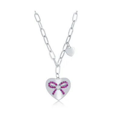 Sterling Silver Heart with Ruby Cz Ribbon Paperclip Necklace