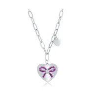 Sterling Silver Heart with Ruby Cz Ribbon Paperclip Necklace