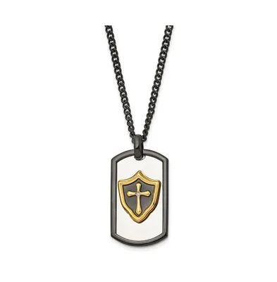 Chisel Black and Yellow Ip-plated Cz Hero Dog Tag Curb Chain Necklace