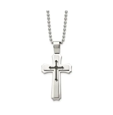 Chisel Brushed and Black Rubber Cross Pendant Ball Chain Necklace