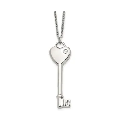 Chisel Polished with Cz Heart Key Pendant on a Cable Chain Necklace