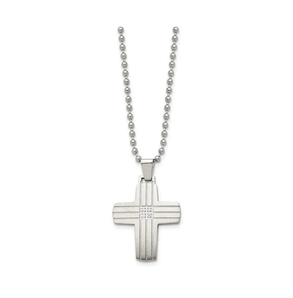 Chisel Brushed and Cz Grooved Cross Pendant Ball Chain Necklace