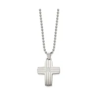 Chisel Brushed and Cz Grooved Cross Pendant Ball Chain Necklace