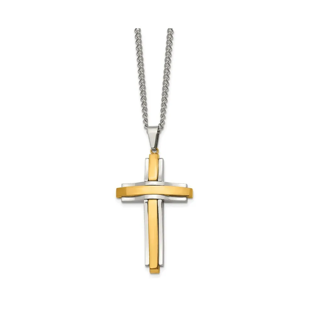 Chisel Polished Yellow Ip-plated Cross Pendant Curb Chain Necklace