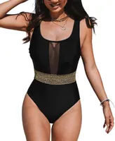 Women's Mesh Tummy Control Back Crisscross One Piece Swimsuit