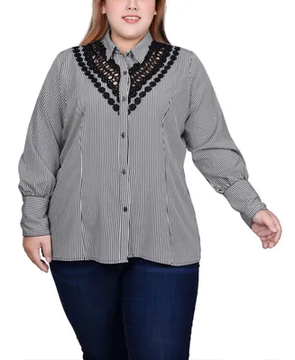 Ny Collection Plus Size Long Sleeve Crochet Trimmed Blouse