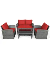 4 Pieces Patio Rattan Furniture Set Sofa Table with Storage Shelf Cushion