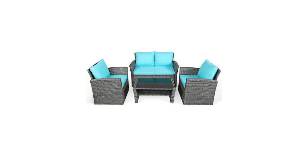 Slickblue 4 Pieces Patio Rattan Furniture Set Sofa Table with Storage Shelf Cushion