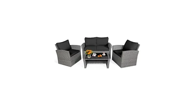 4 Pieces Patio Rattan Furniture Set Sofa Table with Storage Shelf Cushion
