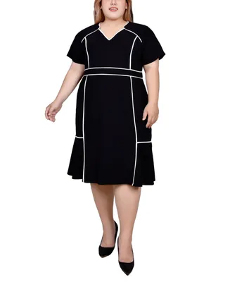 Ny Collection Plus Size Short Sleeve Piped Detail Dress
