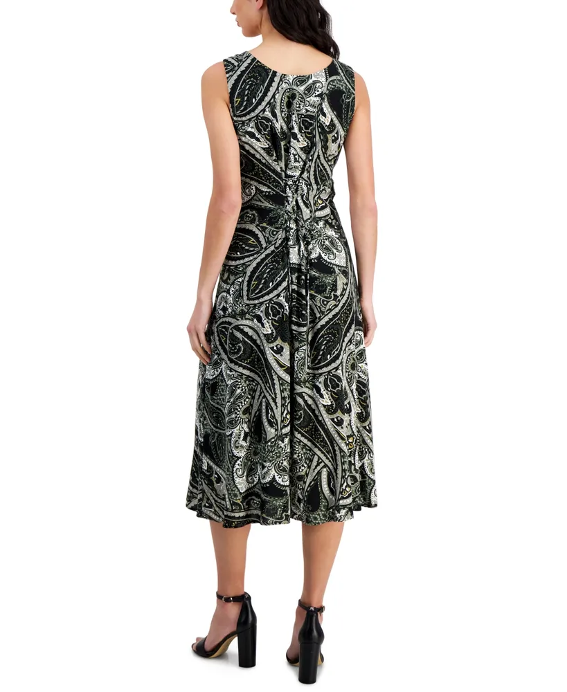Connected Women's Printed Round-Neck Tie-Back Midi Dress