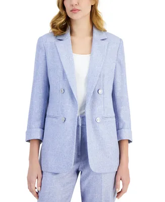 T Tahari Women's 3/4-Rolled-Sleeve Notched-Collar Open-Front Blazer