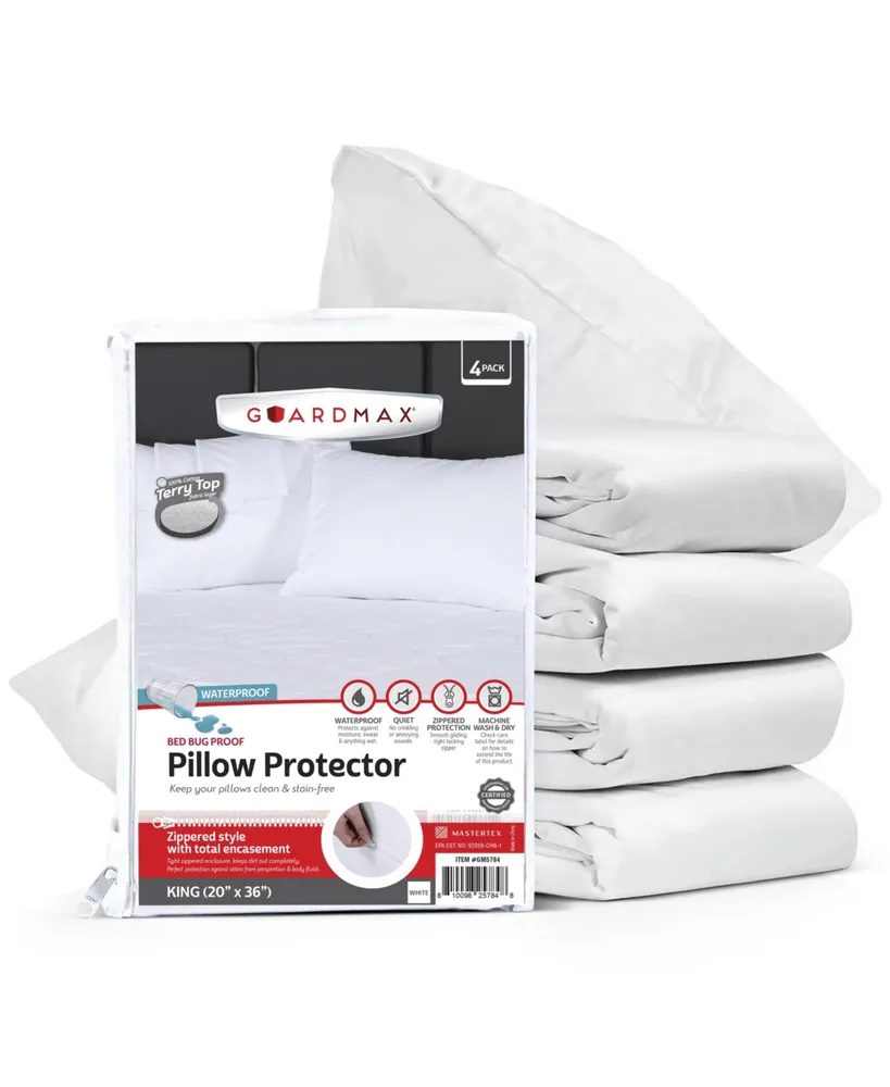 Guardmax King Size Terry Cotton Waterproof Pillow Protector with Zipper - White (4 Pack)