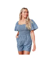 Hope & Henry Women's Bell Sleeve Smocked Chambray Romper