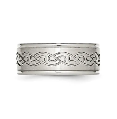 Chisel Stainless Steel Brushed Scroll Design Ridged Edge Band Ring