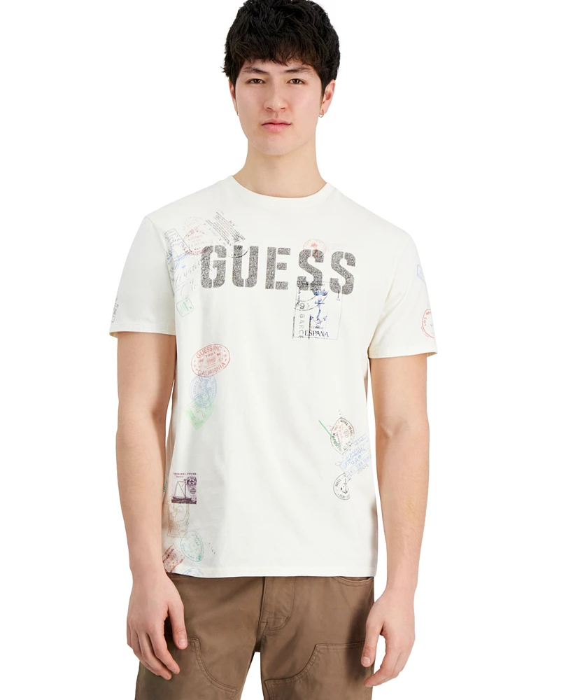 Guess Men's World Stamps Logo Graphic Crewneck T-Shirt