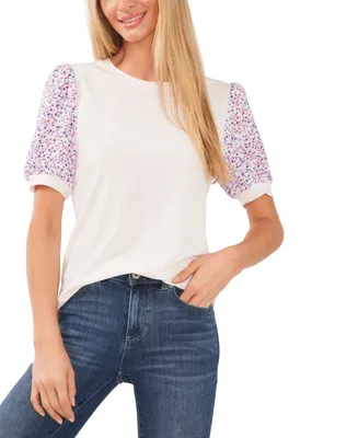CeCe Women's Mixed-Media Floral-Print Puff-Sleeve Tee