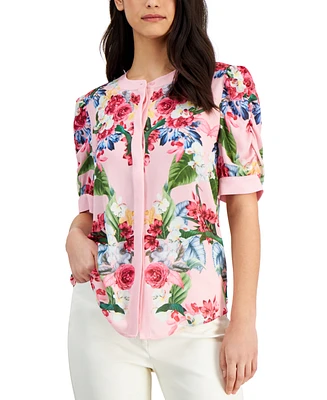 T Tahari Women's Floral Ruched-Sleeve Top