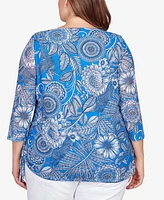 Ruby Rd. Plus Size Ballet Neck Hummingbird Garden Printed Mesh Top