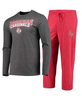 Men's Concepts Sport Red, Heathered Charcoal Distressed Louisville Cardinals Meter Long Sleeve T-shirt and Pants Sleep Set