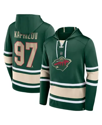Men's Fanatics Kirill Kaprizov Green Minnesota Wild Name and Number Lace-Up Pullover Hoodie