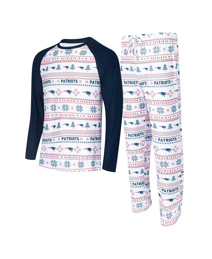 Men's Concepts Sport White, Navy New England Patriots Tinsel Raglan Long Sleeve T-shirt and Pants Sleep Set