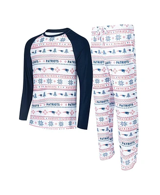 Men's Concepts Sport White, Navy New England Patriots Tinsel Raglan Long Sleeve T-shirt and Pants Sleep Set