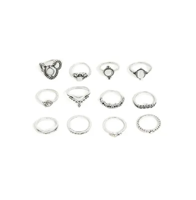 Sohi Women's Silver Pack Of 12 Oxidized Rings