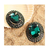 Sohi Women's Green Embellished Oval Stud Earrings