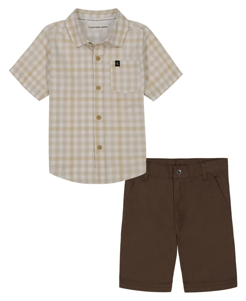 Calvin Klein Little Boys Plaid Short Sleeve Button-Up Shirt and Twill Shorts, 2 Piece Set