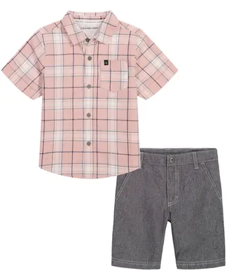 Calvin Klein Toddler Boys Plaid Slub Button-Up Short Sleeve Shirt and Twill Shorts, 2 Piece Set