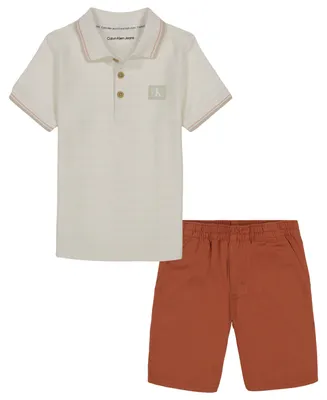 Calvin Klein Toddler Boys Herringbone Short Sleeve Polo Shirt and Twill Shorts, 2 Piece Set