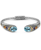 Blue Topaz, Amethyst, Citrine Bali Filigree Cuff Bracelet Sterling Silver and 18K Gold