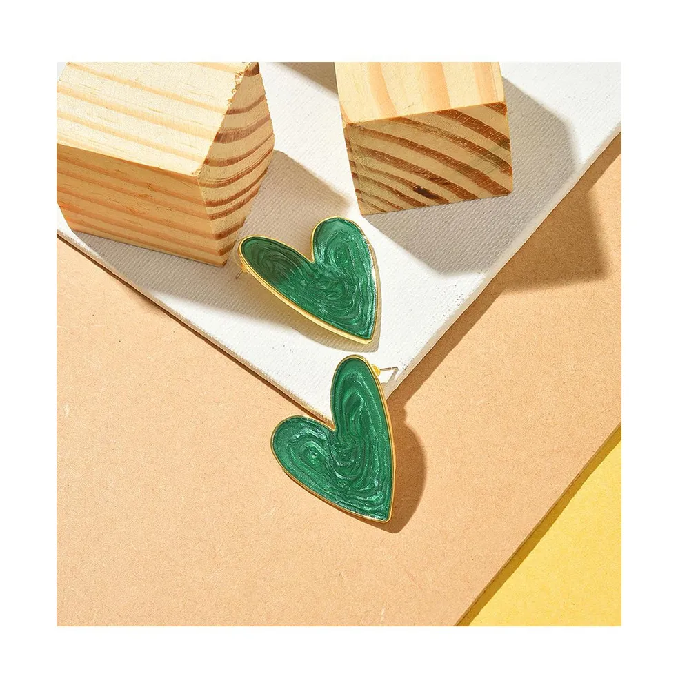 Sohi Women's Green Enamel Heart Stud Earrings