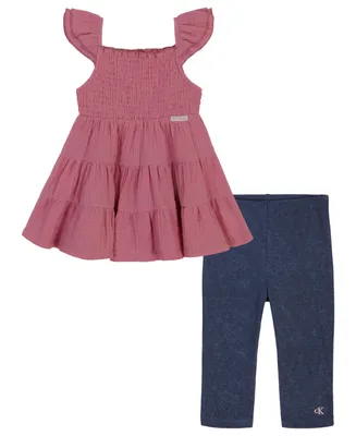 Calvin Klein Little Girls Smocked Tiered Gauze Tunic and Stretch Capri Leggings, 2 Piece Set