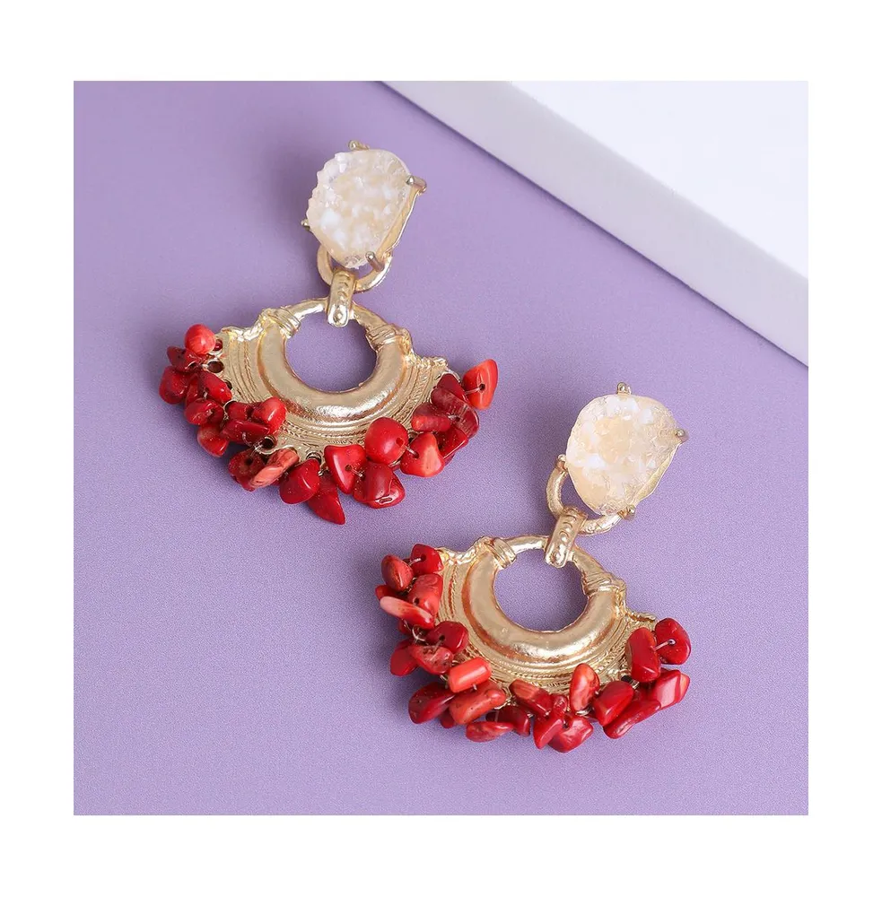 Sohi Women's Red Cluster Stone Drop Earrings