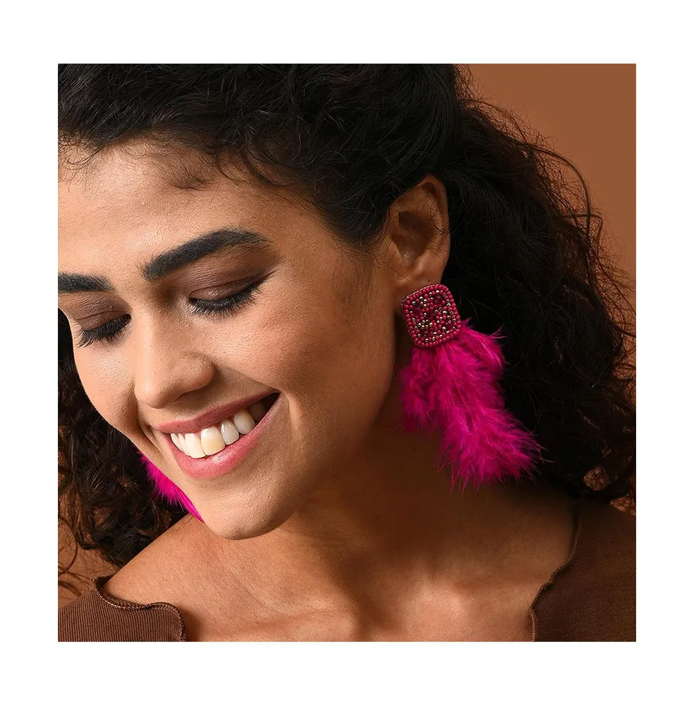 Sohi Women's Pink Beaded Feather Drop Earrings