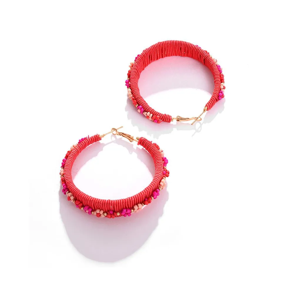 Sohi Women's Red Beaded Hoop Earrings