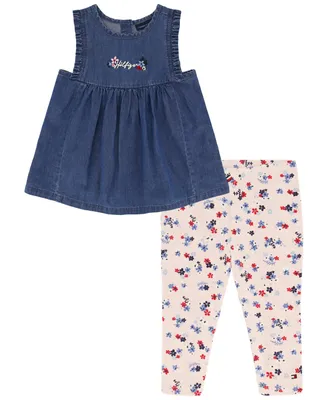 Tommy Hilfiger Toddler Girls Sleeveless Denim Tunic Top and Floral Capri Leggings, 2 Piece Set