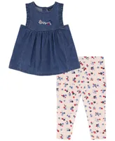 Tommy Hilfiger Little Girls Sleeveless Denim Tunic Top and Floral Capri Leggings, 2 Piece Set