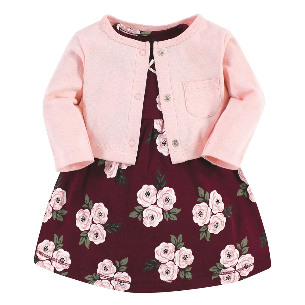 Hudson Baby Infant Girls Cotton Dress and Cardigan Set, Burgundy Floral