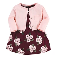 Hudson Baby Infant Girls Cotton Dress and Cardigan Set, Burgundy Floral