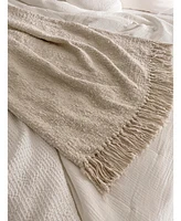 Cozy Cotton Beige Boucle Throw with Fringe 50x72