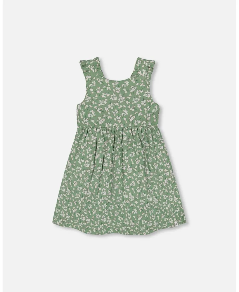 Girl Sleeveless Muslin Dress Green Jasmine Flower Print
